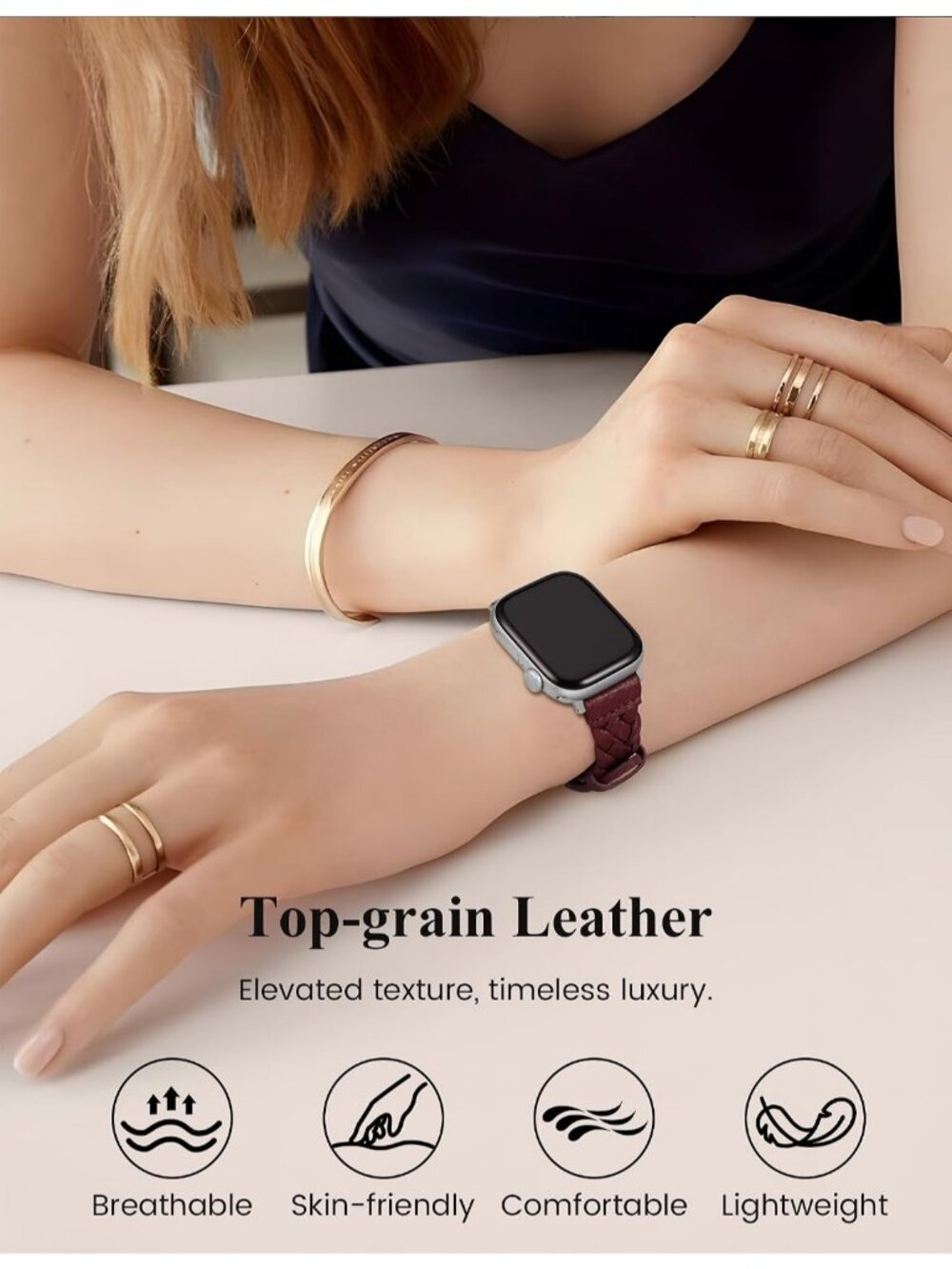 Women's Burgundy/Silver Braided Leather Strap Compatible with Apple Wrist Watch - Picture 2 of 7